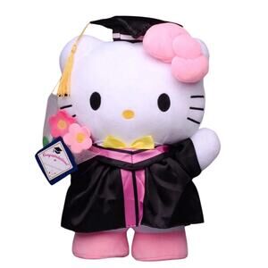 Hello Kitty Graduation Plush, Black Gown With Pink Trim, 14" Tall, NWT